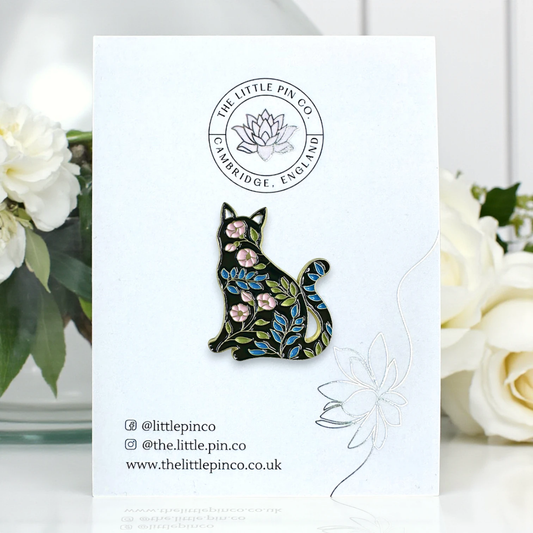 Floral Black Cat Enamel Pin Badge